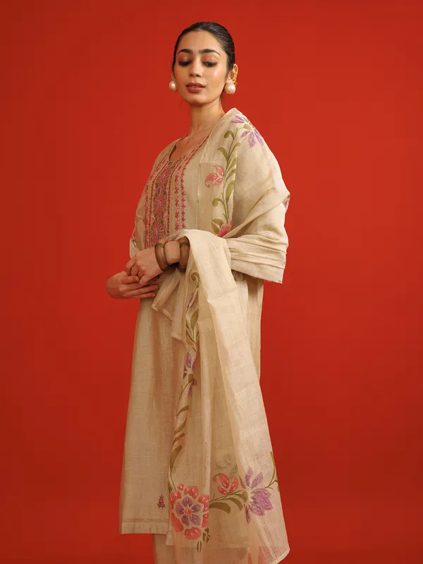 Cream cotton kurti set for women