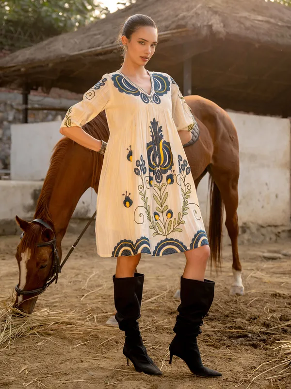 Cream cotton kurti with resham and embroidery