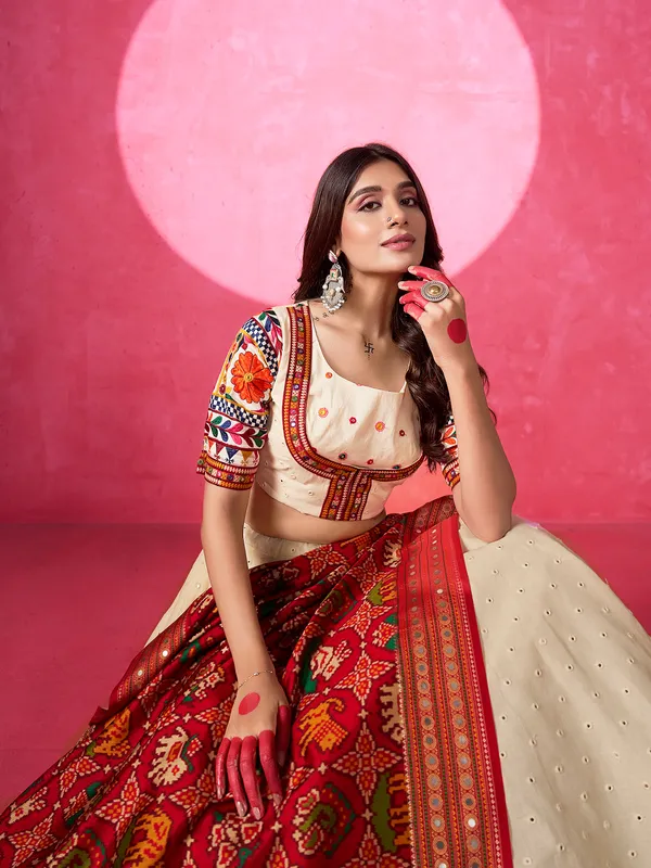 Cream cotton lehenga choli with embroidered choli