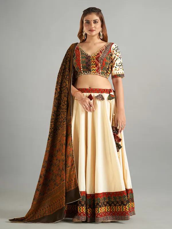 Cream cotton printed chaniya choli