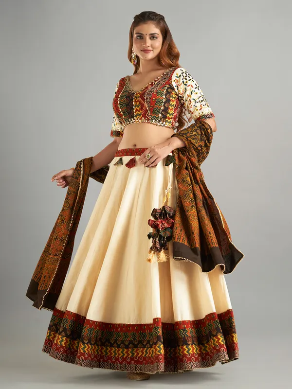 Cream cotton printed chaniya choli