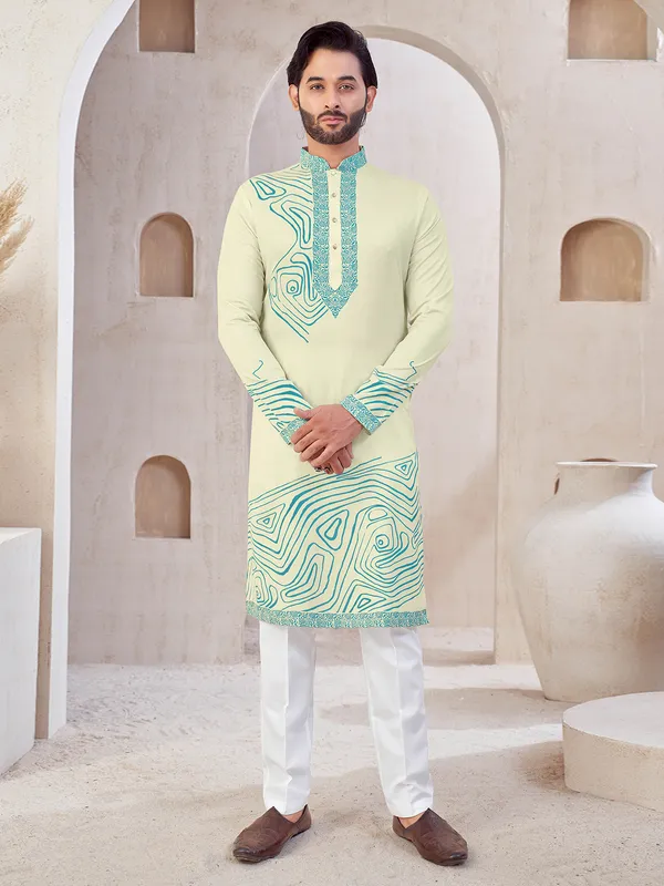 Cream cotton printed kurta suit for men