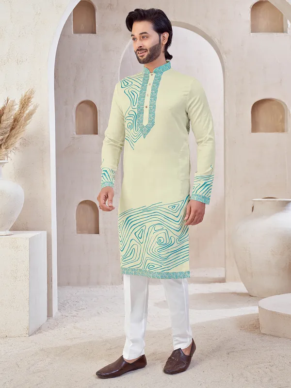 Cream cotton printed kurta suit for men