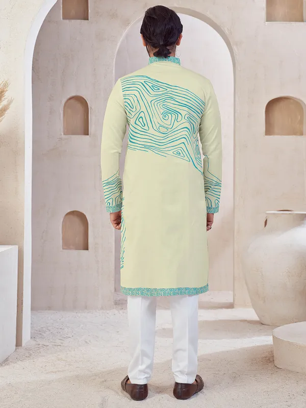 Cream cotton printed kurta suit for men