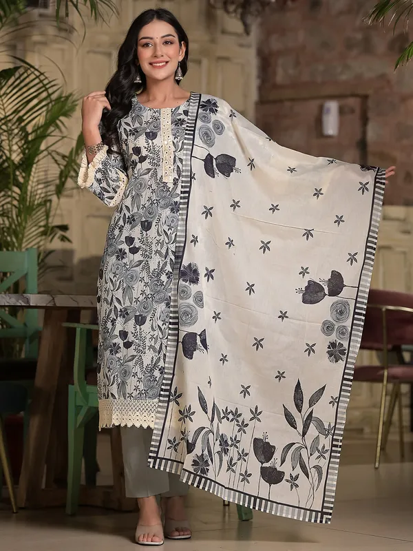 Cream cotton printed kurti set with dupatta