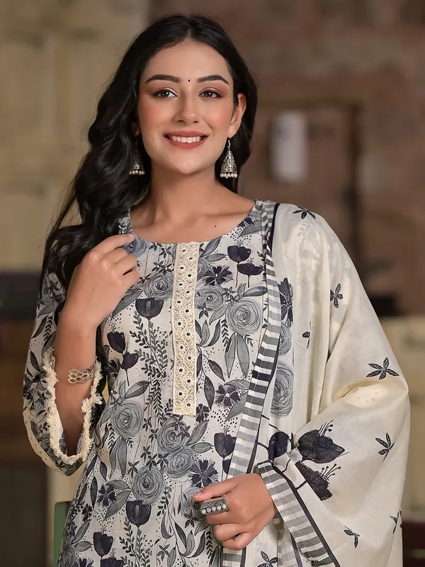 Cream cotton printed kurti set with dupatta