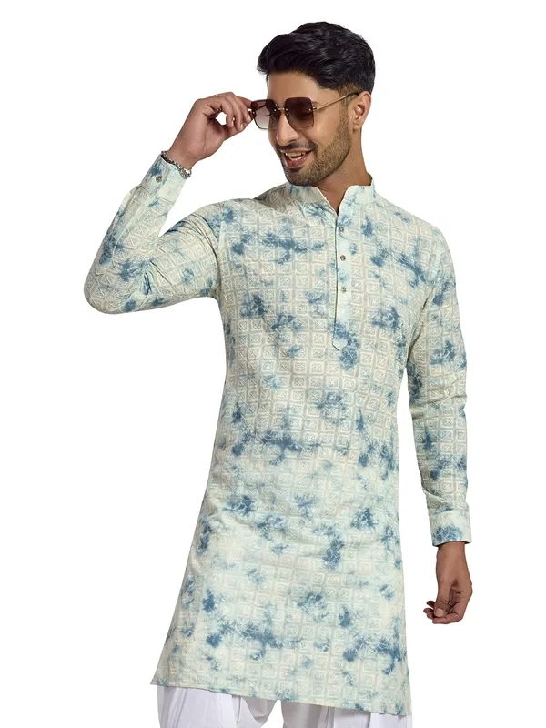 Cream cotton silk embroidered kurta for mens