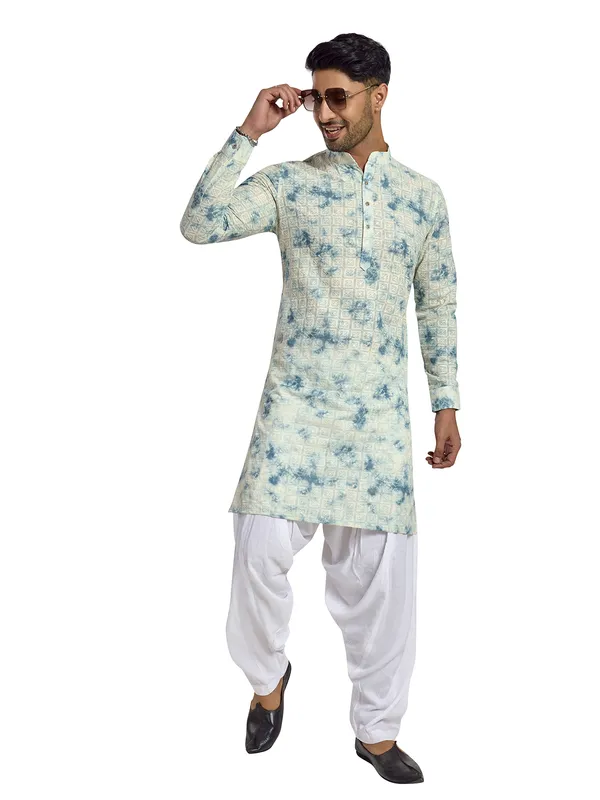 Cream cotton silk embroidered kurta for mens
