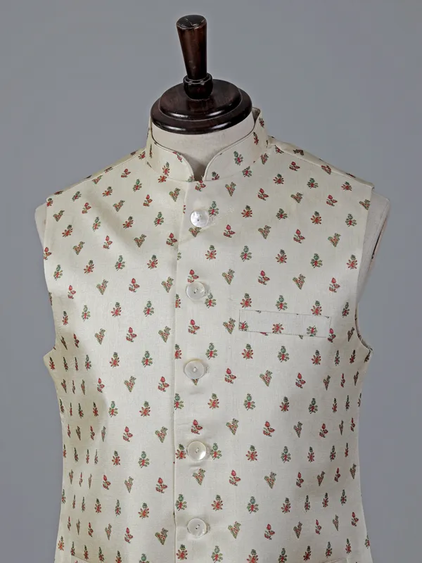 Cream cotton silk festive printed waistcoat