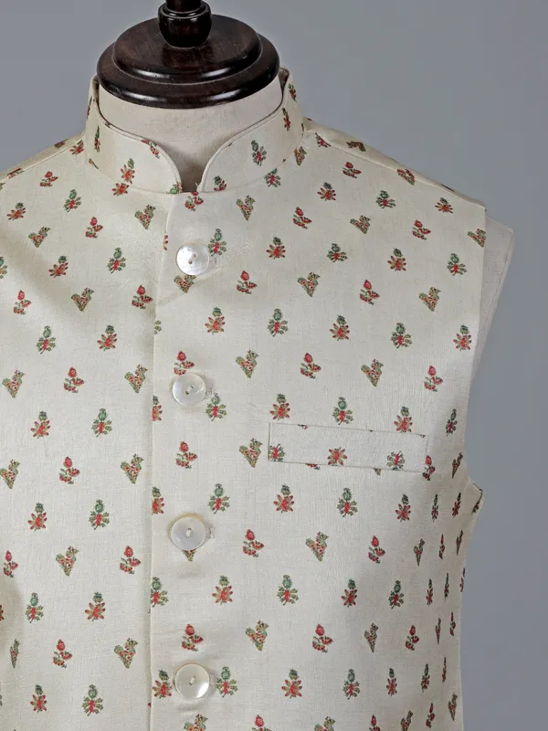 Cream cotton silk festive printed waistcoat