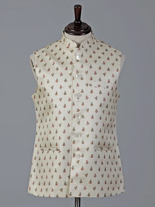 Cream cotton silk festive printed waistcoat