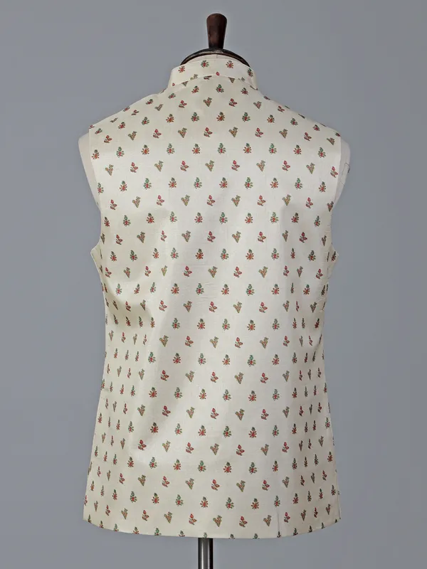 Cream cotton silk festive printed waistcoat