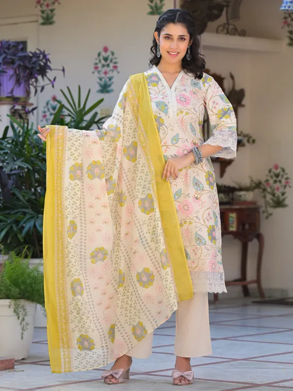 Cream cotton silk festive wear kurti set