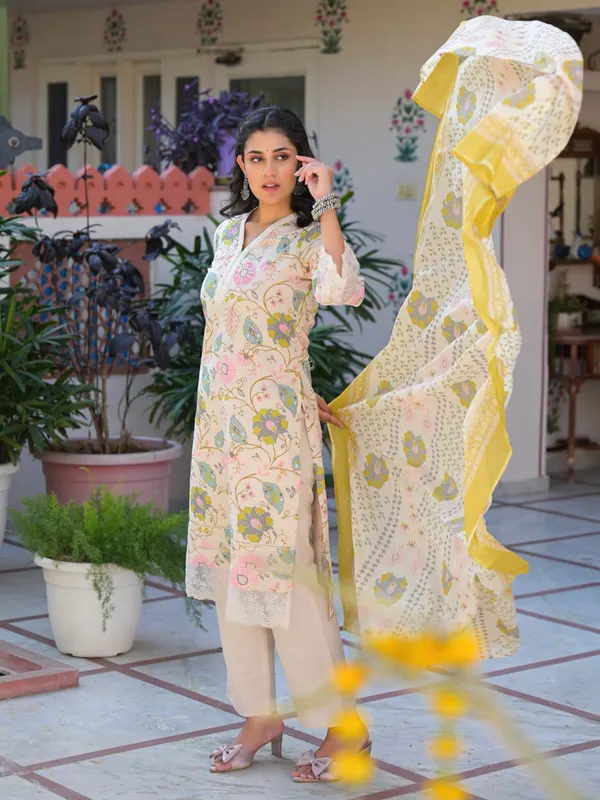 Cream cotton silk festive wear kurti set