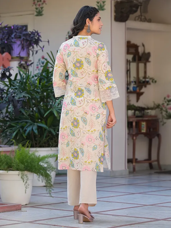 Cream cotton silk festive wear kurti set
