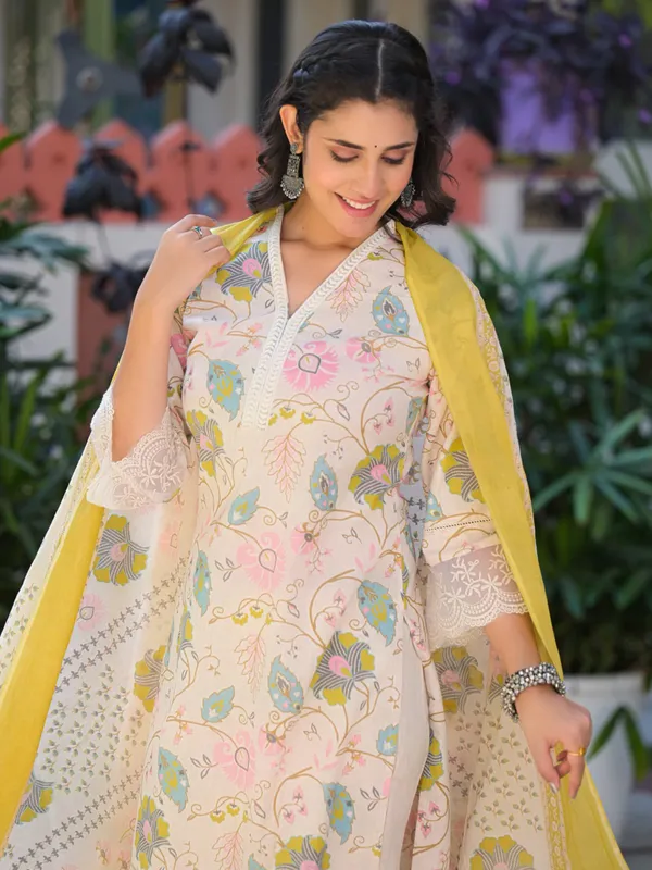 Cream cotton silk festive wear kurti set