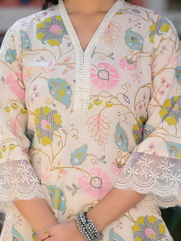 Cream cotton silk festive wear kurti set