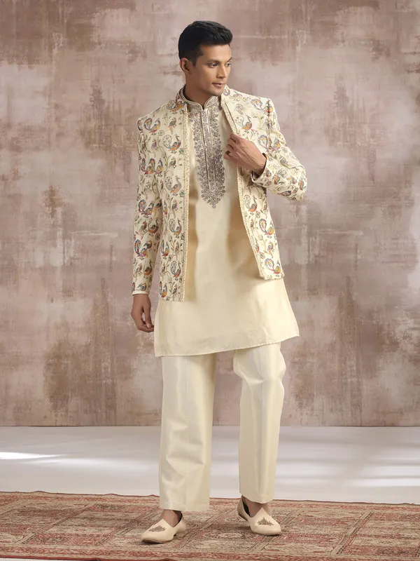 Cream cotton silk indo western with diamond work