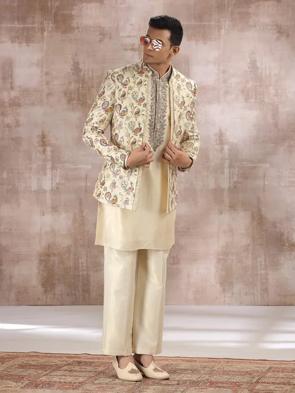 Cream cotton silk indo western with diamond work