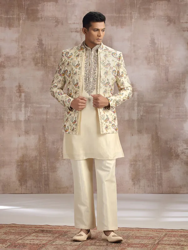 Cream cotton silk indo western with diamond work
