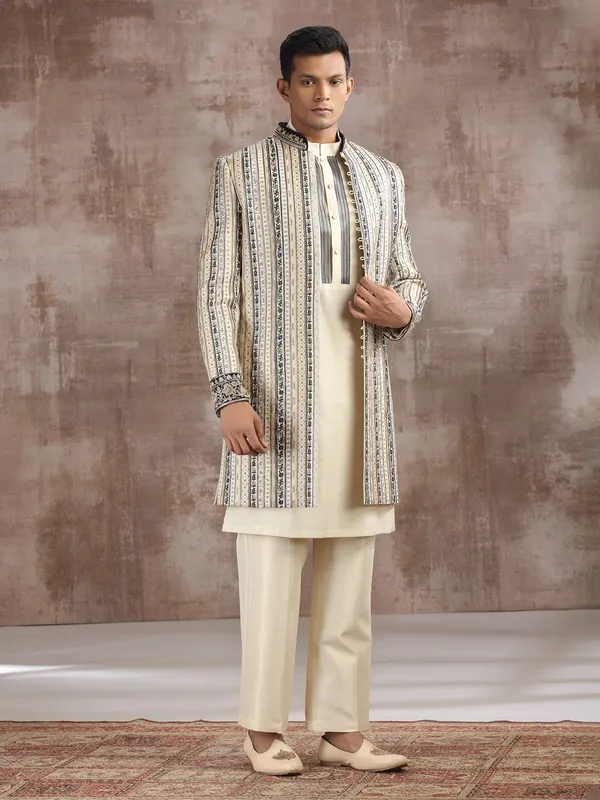 Cream cotton silk indo western with embroidery work