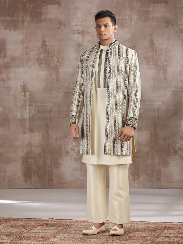 Cream cotton silk indo western with embroidery work