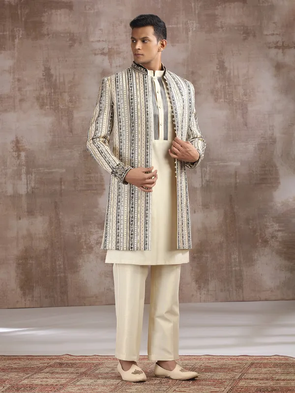 Cream cotton silk indo western with embroidery work