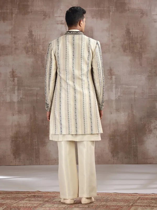 Cream cotton silk indo western with embroidery work