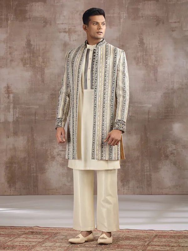 Cream cotton silk indo western with embroidery work
