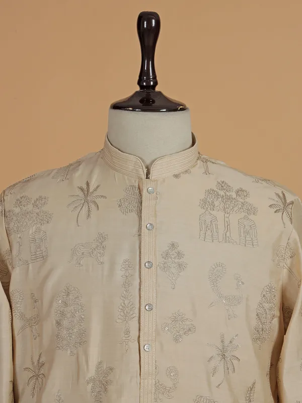 Cream cotton silk kurta suit with sequins work