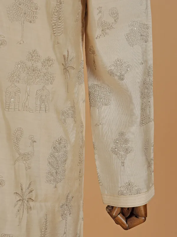 Cream cotton silk kurta suit with sequins work
