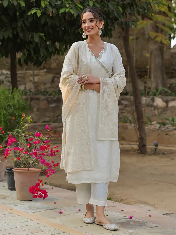 Cream cotton silk kurti set for women