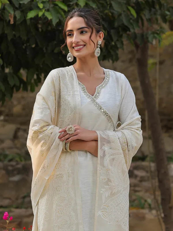 Cream cotton silk kurti set for women