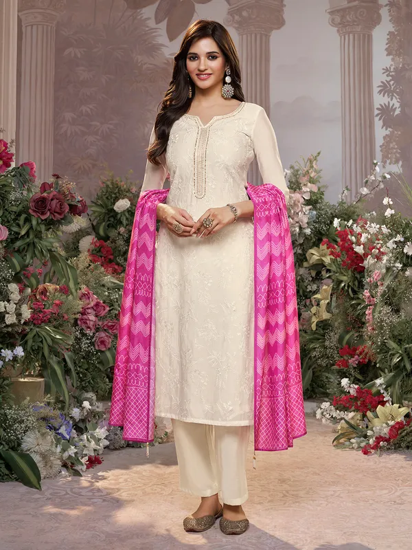 Cream cotton silk kurti set with pink dupatta