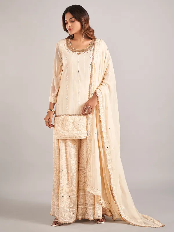 Cream cotton silk palazzo suit with dupatta