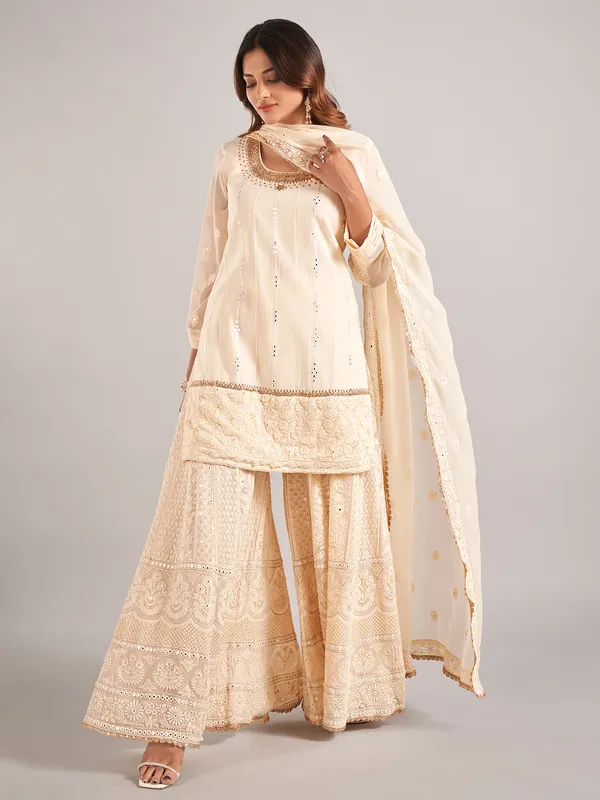 Cream cotton silk palazzo suit with dupatta