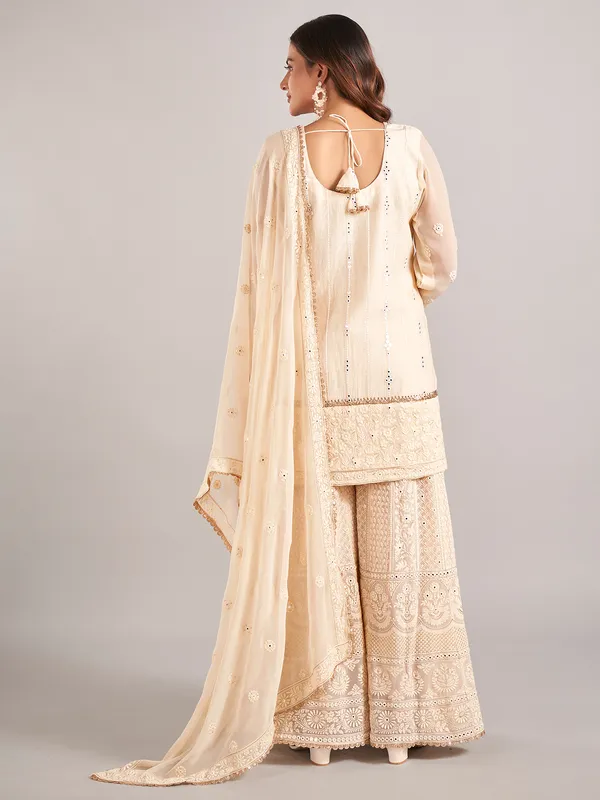Cream cotton silk palazzo suit with dupatta