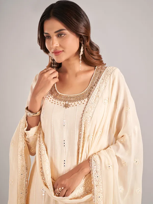 Cream cotton silk palazzo suit with dupatta