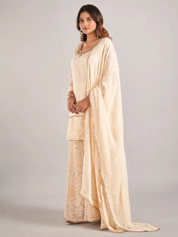 Cream cotton silk palazzo suit with dupatta
