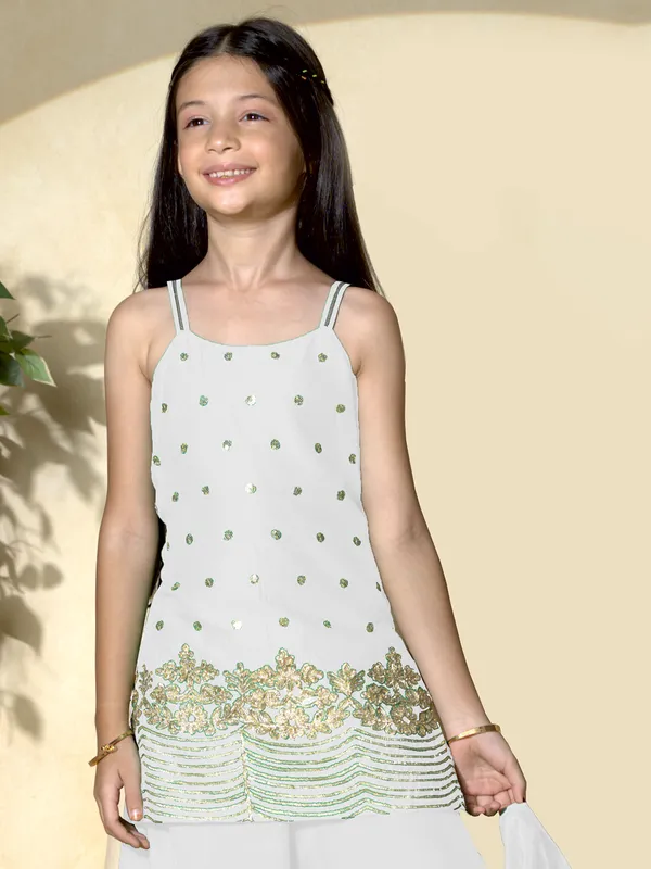 Cream cotton silk palazzo suit with resham and sequins