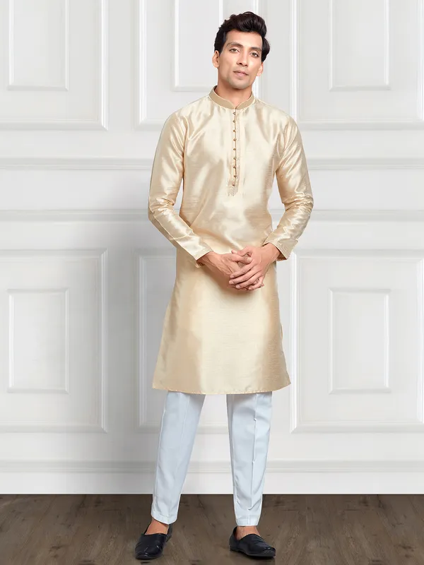 Cream cotton silk plain  Men Kurta pajama