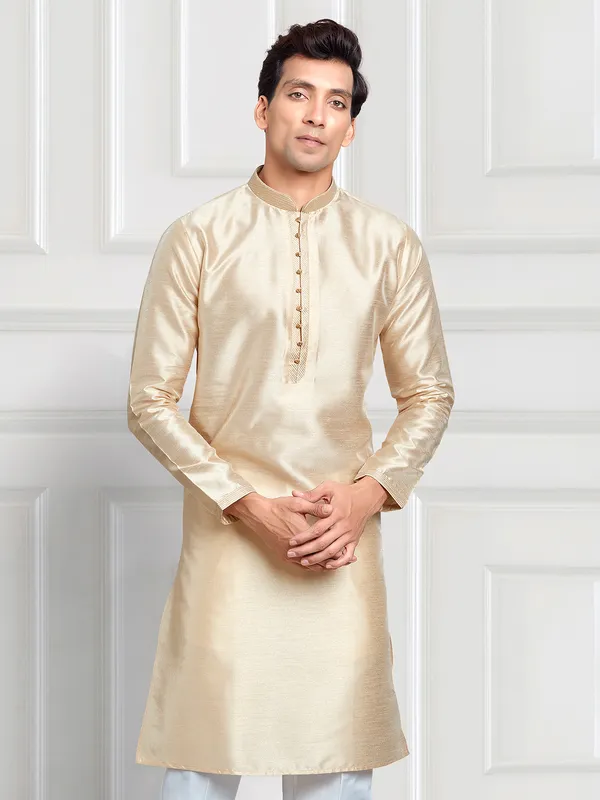 Cream cotton silk plain  Men Kurta pajama