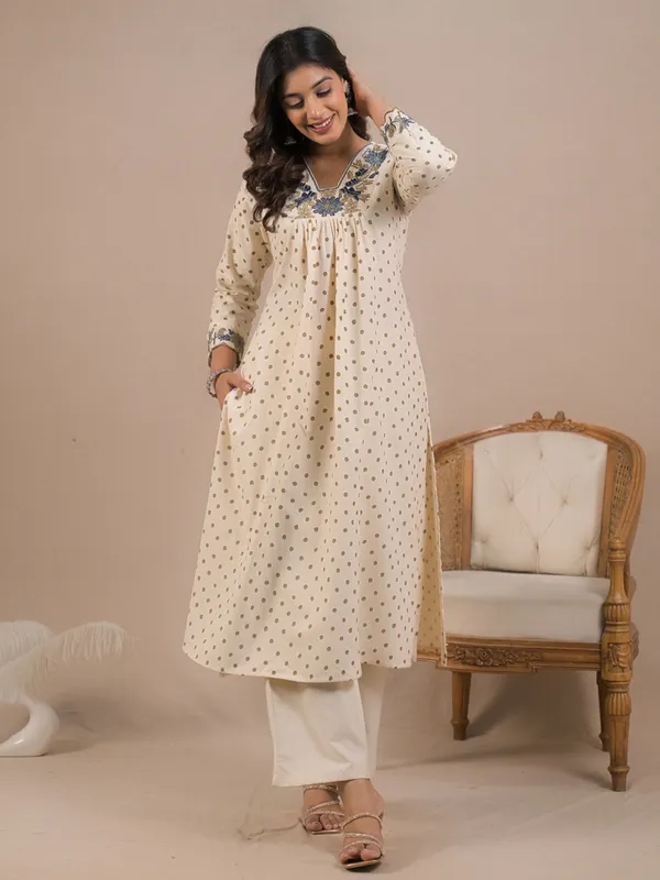 Cream cotton silk printed kurti palazzo set