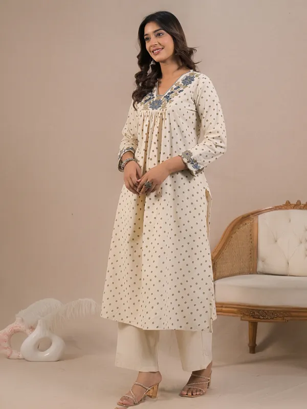 Cream cotton silk printed kurti palazzo set