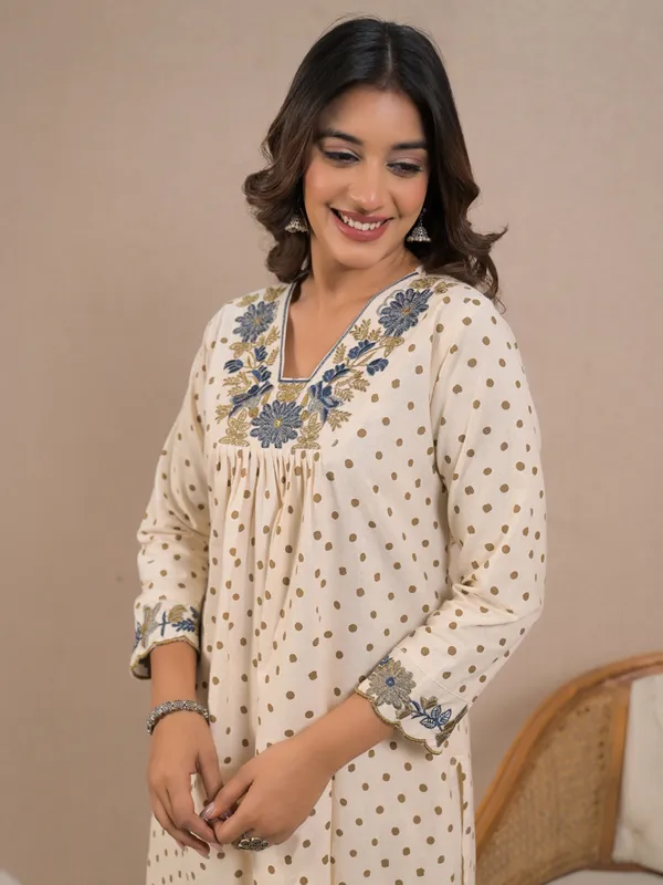 Cream cotton silk printed kurti palazzo set