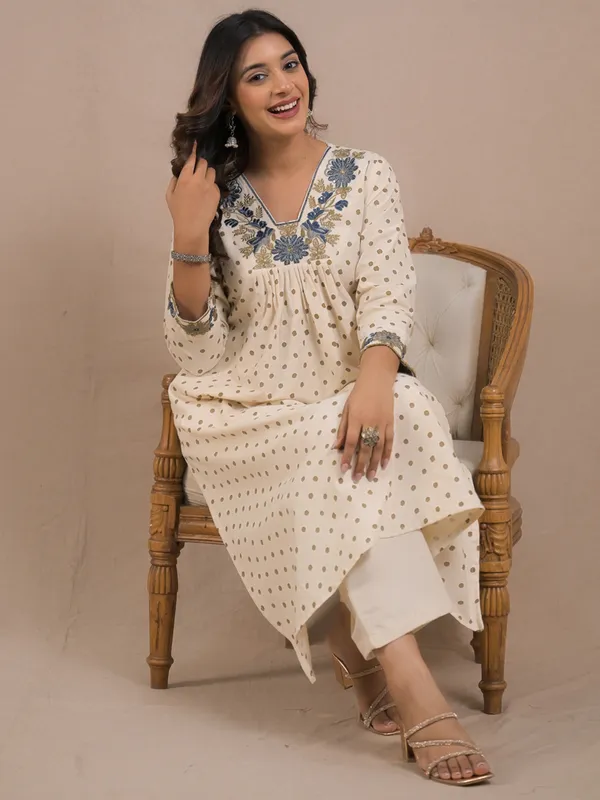 Cream cotton silk printed kurti palazzo set