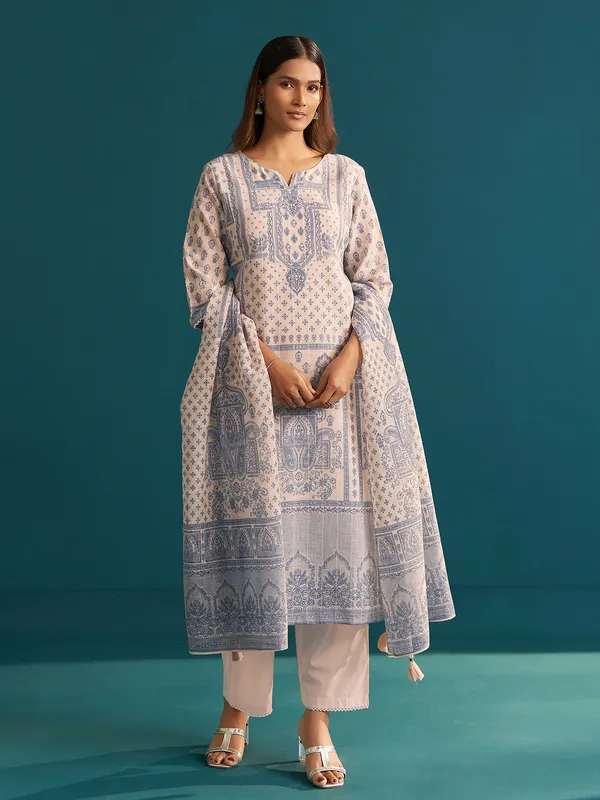 Cream cotton silk printed kurti set for women