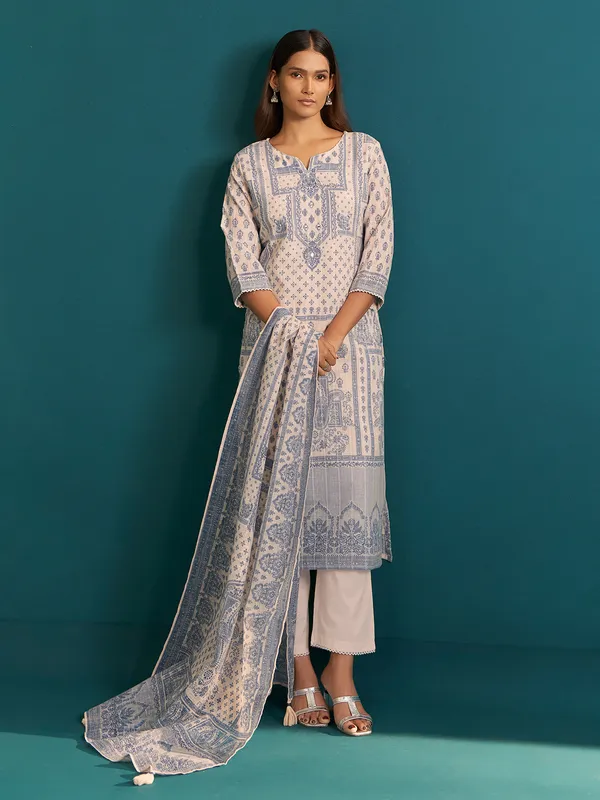 Cream cotton silk printed kurti set for women