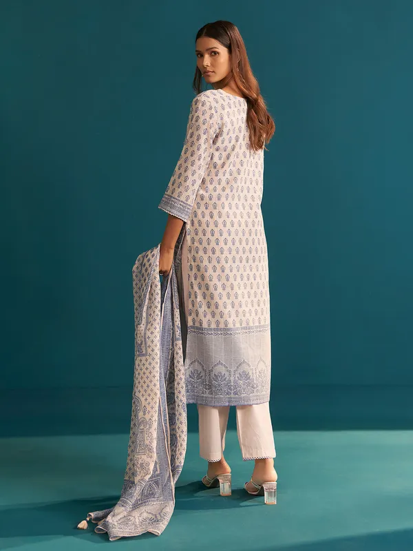 Cream cotton silk printed kurti set for women