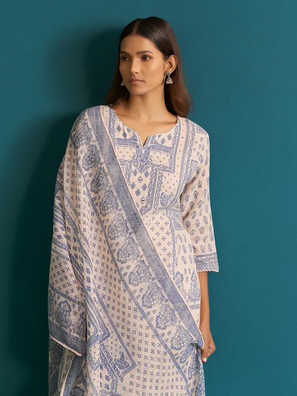 Cream cotton silk printed kurti set for women